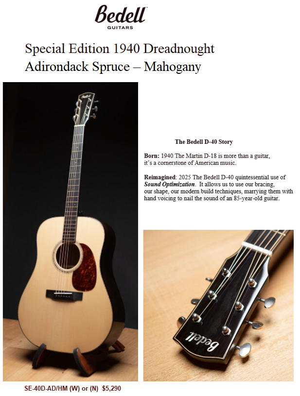 Bedell Special Edition 1940 Dreadnought - Adirondack Spruce/Mahogany